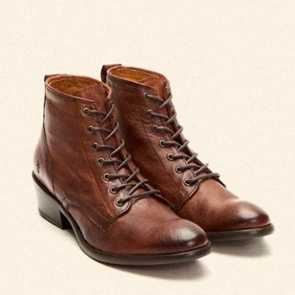 $369 Frye Carson Lace-Up Tan Brown Real Leather Lace Up Pull On Oxford Booties - Picture 2 of 16